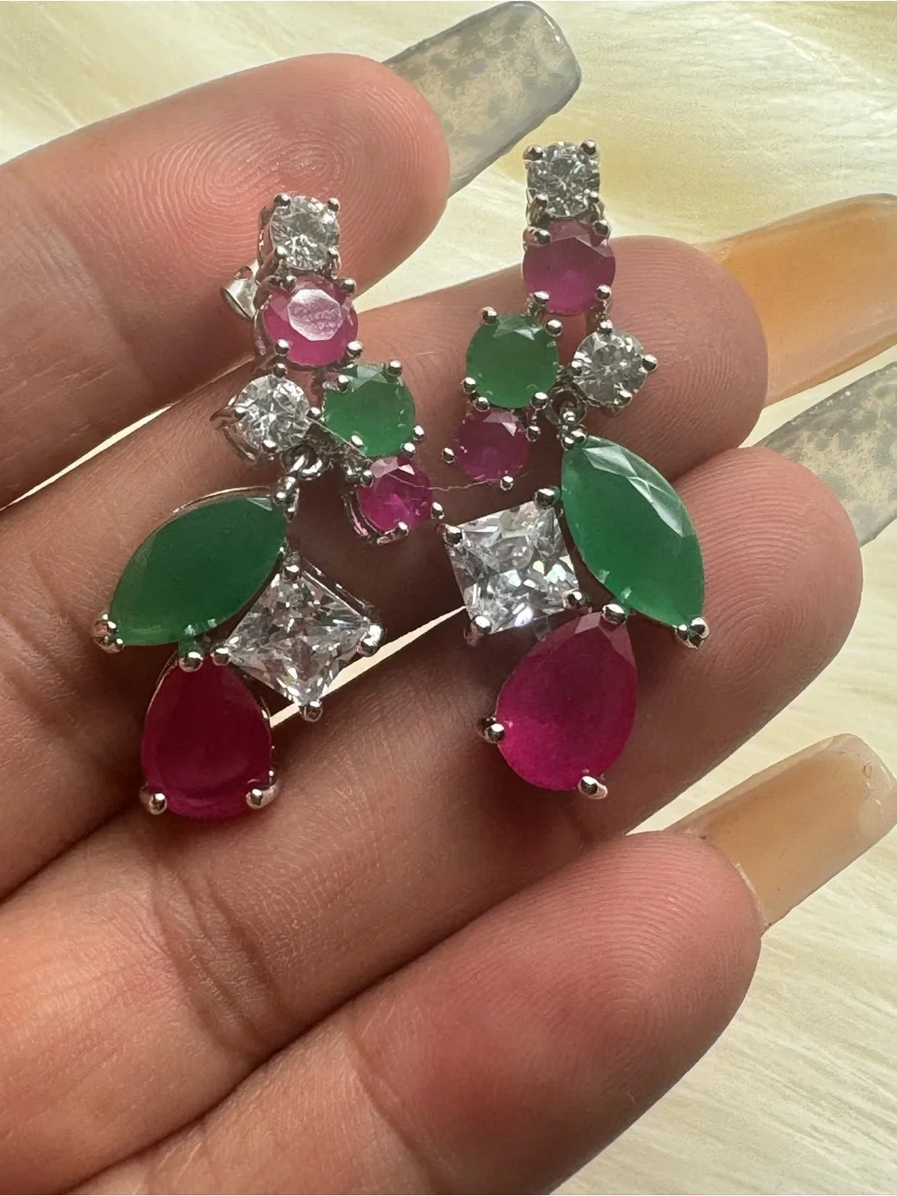 Silver Drop Earrings with Green and Pink Gemstones
